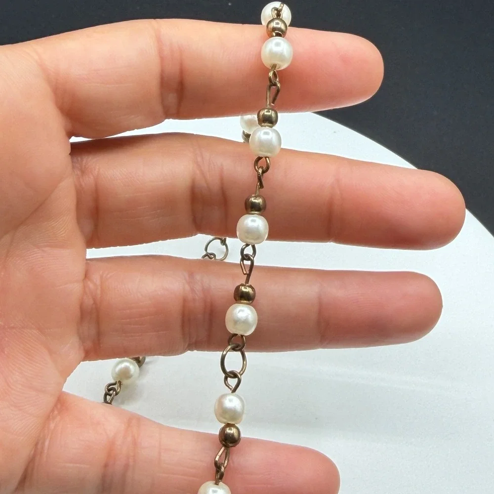 Faux Pearl Bronze Tone Link Chain Bracelet Coquette Romantic Boho Jewelry Gift